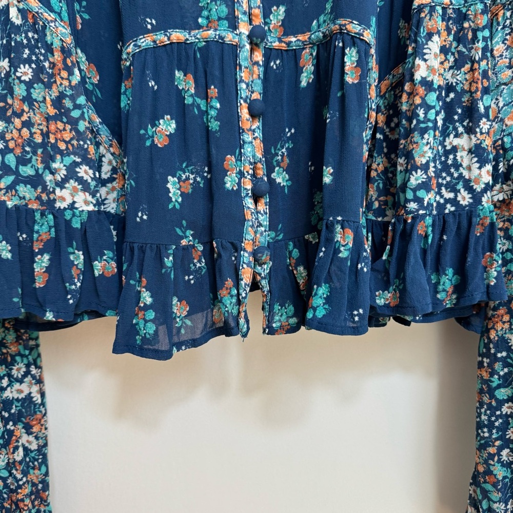 Anthropologie Navy Floral Ruffled Peasant Blouse - Picture 6 of 15